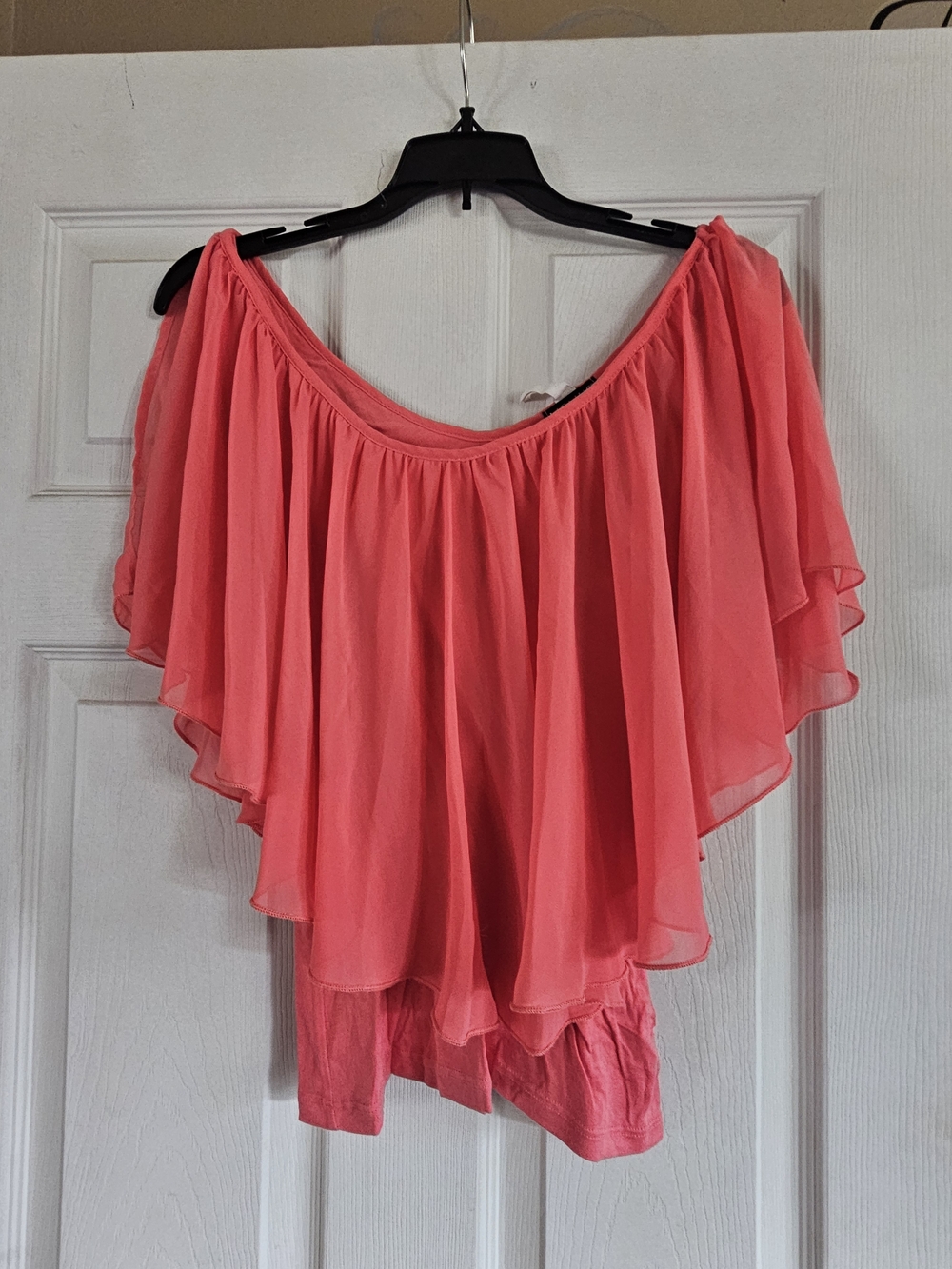 Venus Off-Shoulder Flutter Sleeve Top in Coral Pink